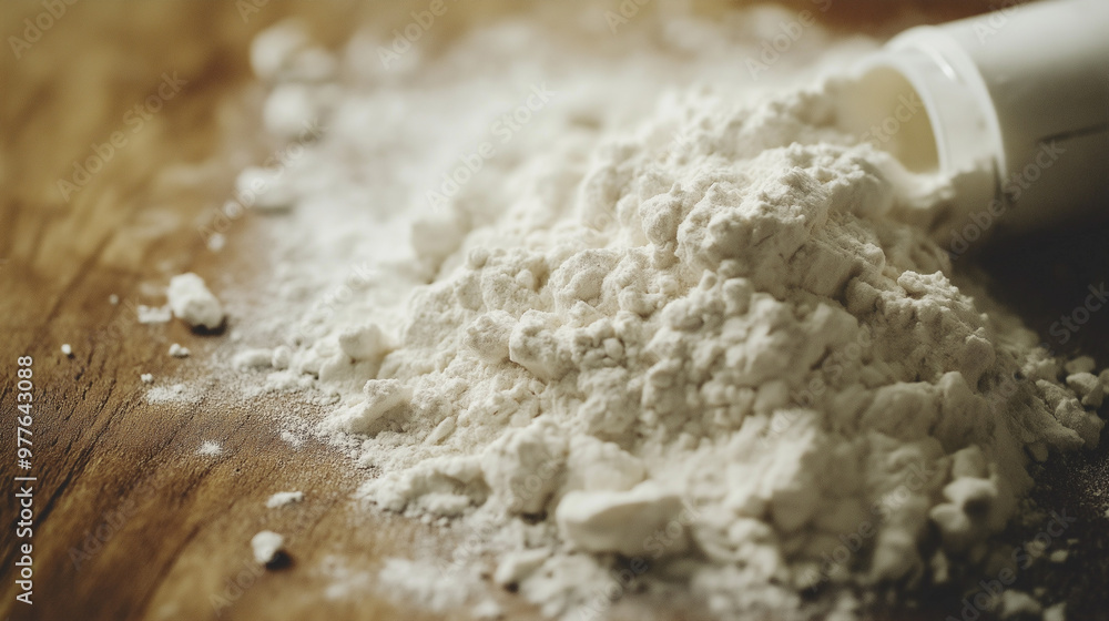 White powder spilling out of container on wooden table White powder spilling out of container on wooden table