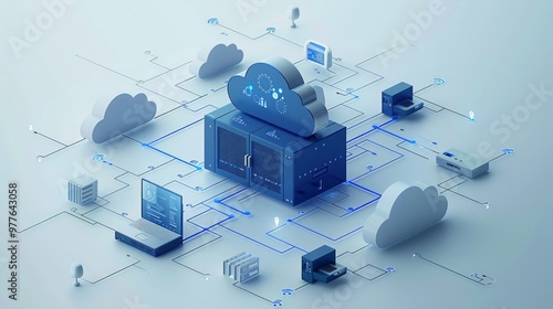 A blue isometric illustration of cloud computing with several devices connected to one server, surrounded by white clouds and network connections on a light background photo