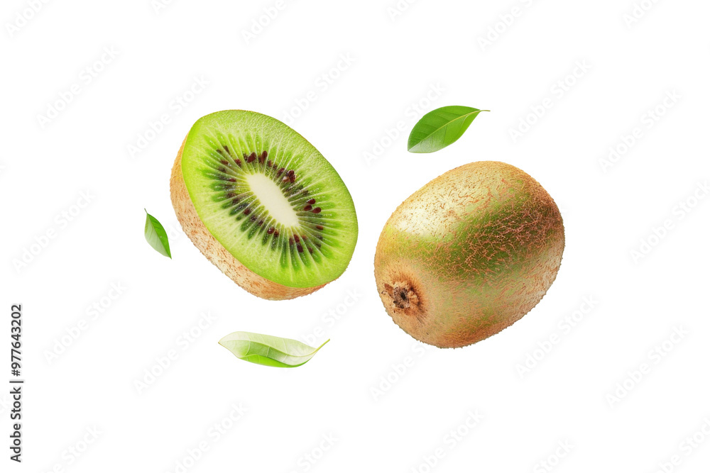 Obraz premium Kiwi and slices with green flesh and tiny black seeds floating in the air with green leaves isolated on background, popular tropical sour fruit.