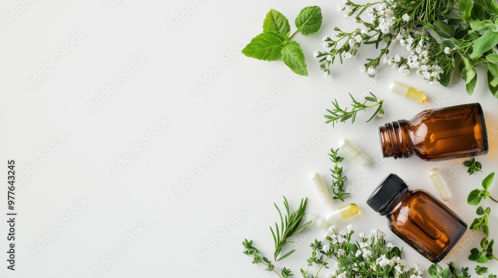 Perspective view of homeopathic medicine bottles, fresh herbs, and natural supplements on a clean white background, with ample space for text Perspective view of homeopathic medicine bottles, fresh herbs, and natural supplements on a clean white background, with ample space for text