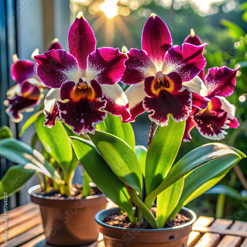 Black and white burgundy Cattleya orchids in pots, growing on the balcony, with green leaves, sunlight shining through them, creating beautiful shadows. The flowers have large petals  photo