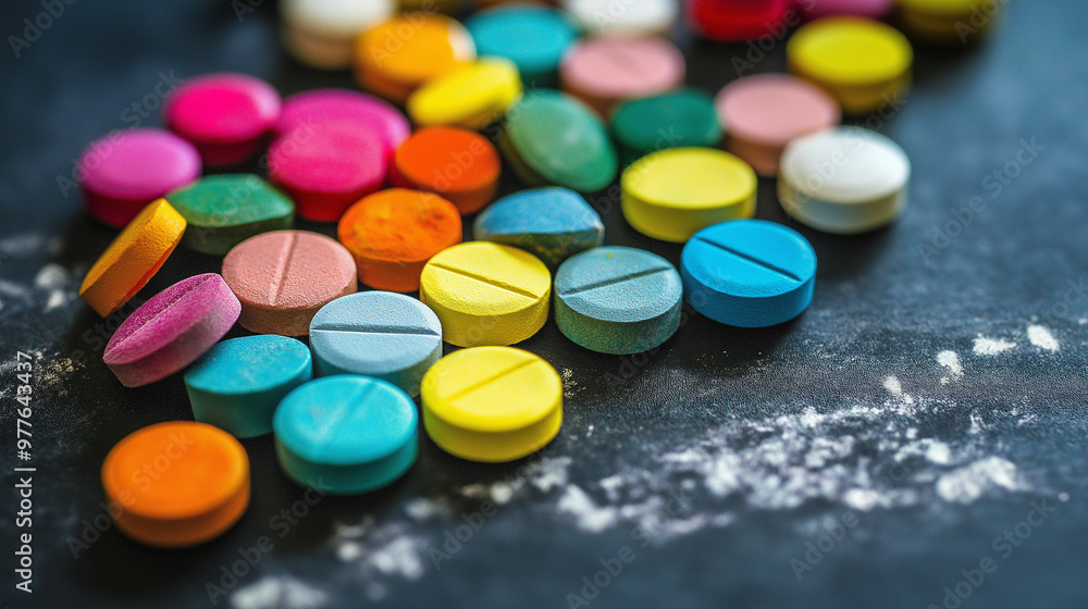 Colorful narcotics pills scattered on dark table top Colorful narcotics pills scattered on dark table top