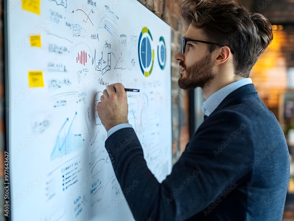 Executive drawing on a whiteboard while negotiating a business strategy, collaborative planning, brainstorming during negotiations. Executive drawing on a whiteboard while negotiating a business strategy, collaborative planning, brainstorming during negotiations.