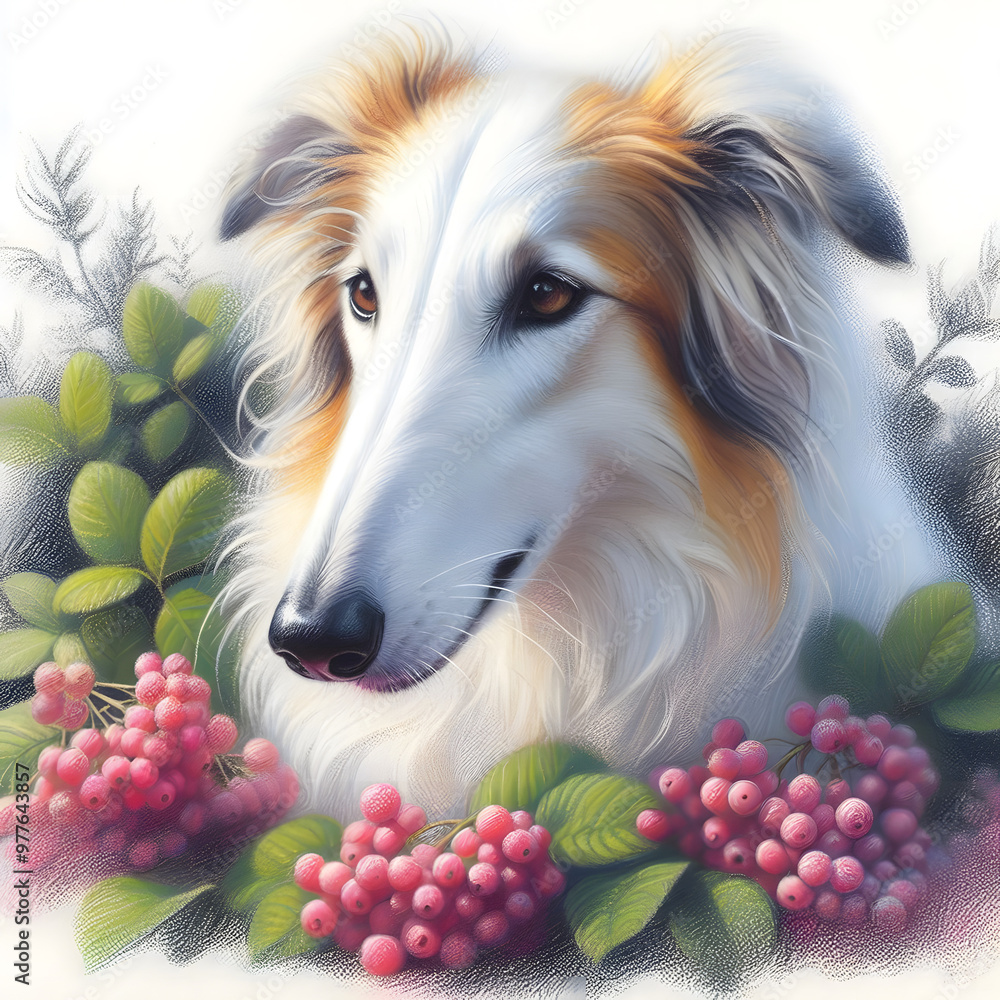 Fototapeta premium 흰 배경, 보르조이, 파스텔화 (White background, Borzoi, pastel painting)