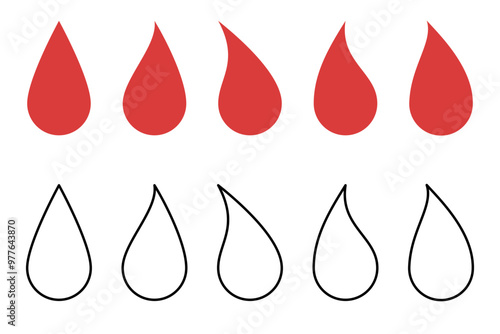 Collection of Red Tears in Different Styles - Set of Flat and Outline Vector Drops - Isolated Tear Icons