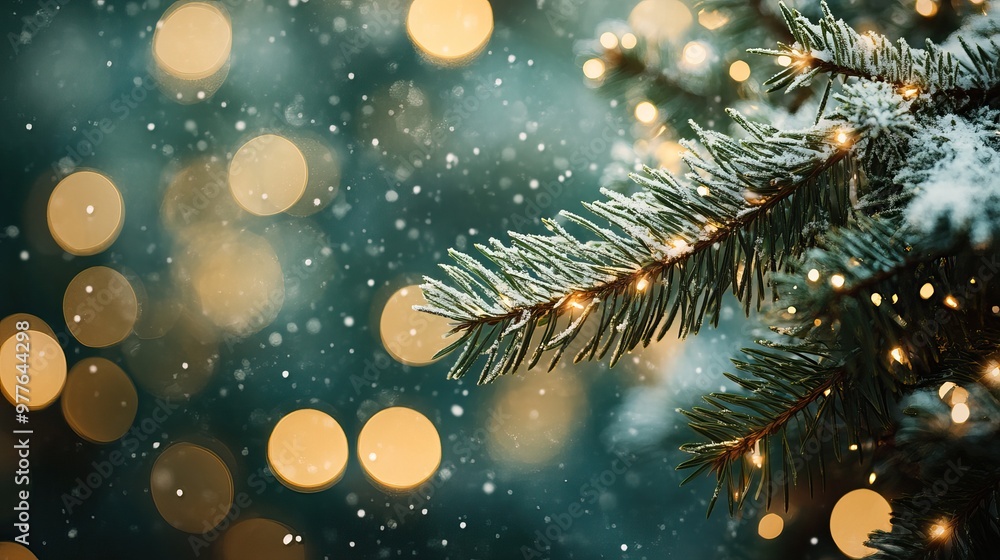 Snow-covered pine branches with glowing lights in a bokeh background. Christmas Tree. AI generated image Snow-covered pine branches with glowing lights in a bokeh background. Christmas Tree. AI generated image