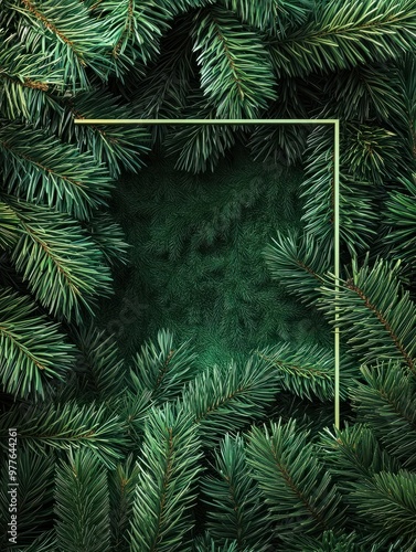 Holiday background with frame in the middle of evergreen tree branches, christmas and festive season concept, minimalistic design, copy space