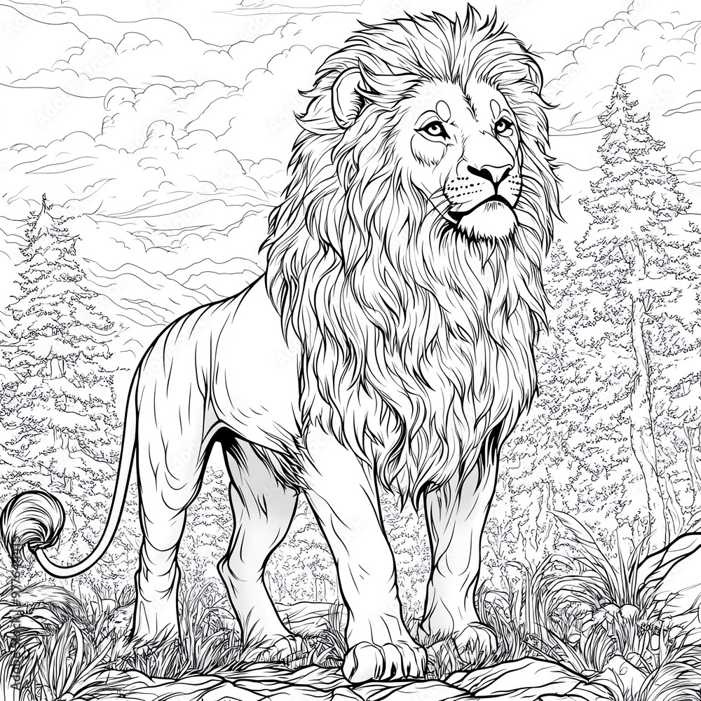 Obraz premium A beautiful lion with a flowing mane, standing proudly in a detailed forest scene