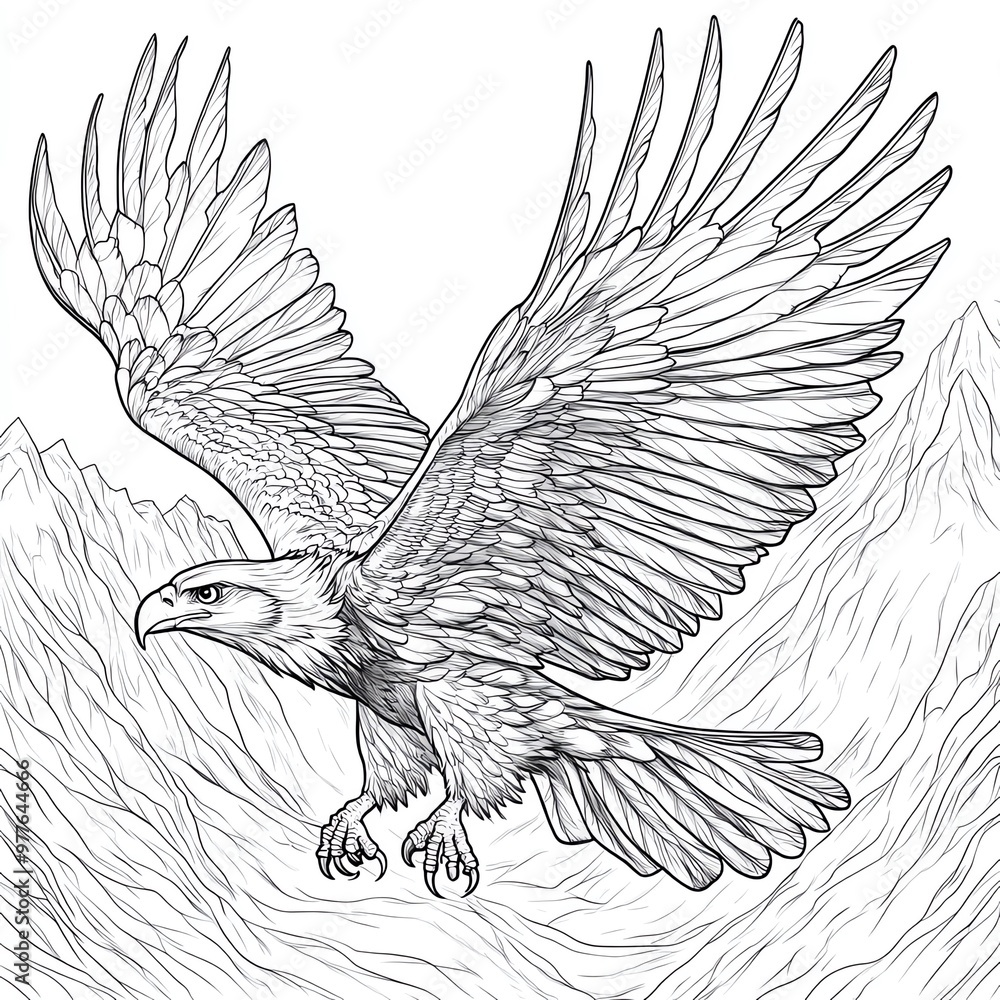 Fototapeta premium A regal eagle flying over mountains, with detailed feathers and a majestic background