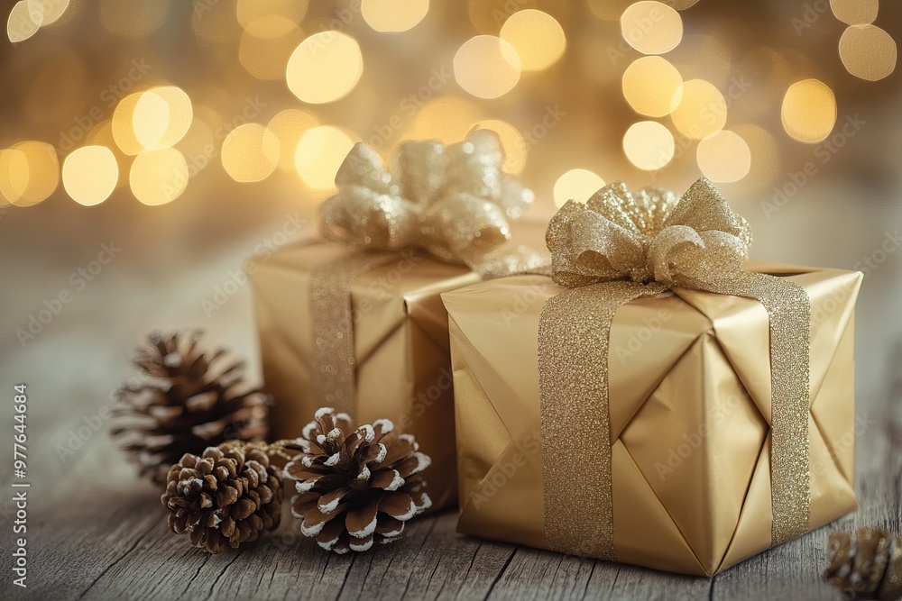 Golden Christmas gift boxes with ribbons and pinecones in a bokeh background. AI generated image Golden Christmas gift boxes with ribbons and pinecones in a bokeh background. AI generated image