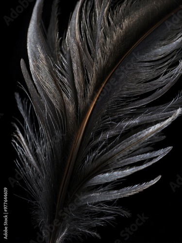 Close-up of a Black Feather on Dark Background photo