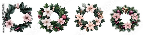 Four elegant Christmas wreaths featuring holly and flowers, perfect for holiday decorations and festive spirit. photo