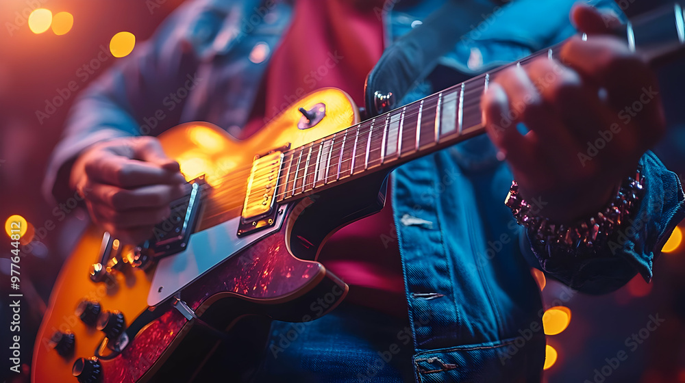 Obraz premium Close Up of a Guitarist Playing Electric Guitar on Stage with Bright Lights