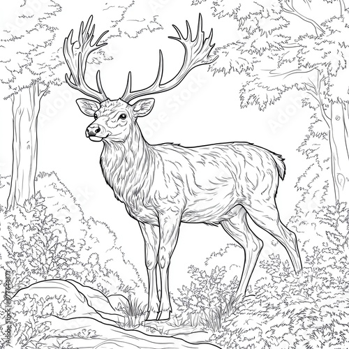 A regal stag standing in a misty forest, with detailed antlers and surrounding foliage for coloring