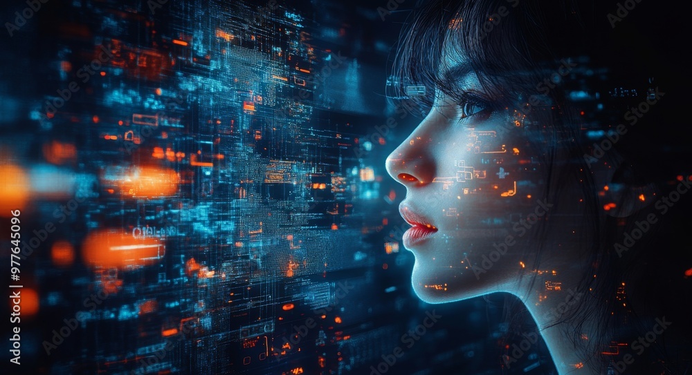 Double exposure of young woman with futuristic face recognition concept. Double exposure of young woman with futuristic face recognition concept.