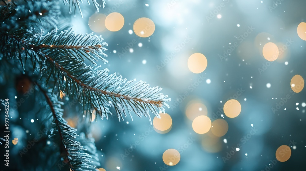 Snow-covered pine branches with glowing lights in a bokeh background. Christmas Tree. AI generated image Snow-covered pine branches with glowing lights in a bokeh background. Christmas Tree. AI generated image
