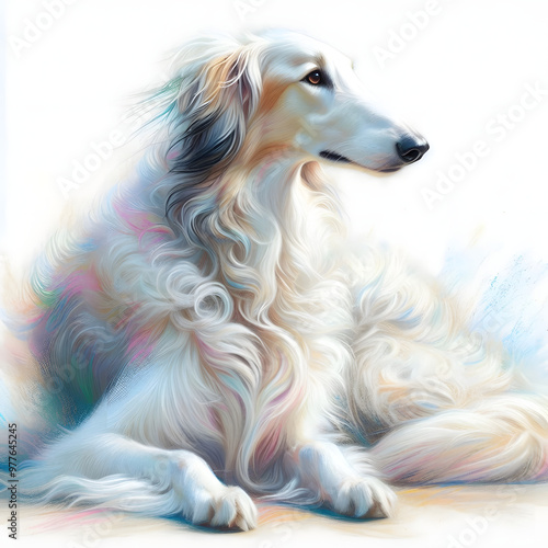 흰 배경, 보르조이, 파스텔화 (White background, Borzoi, pastel painting)