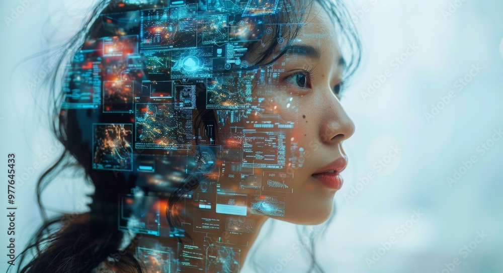 Double exposure of young woman with futuristic face recognition concept. Double exposure of young woman with futuristic face recognition concept.
