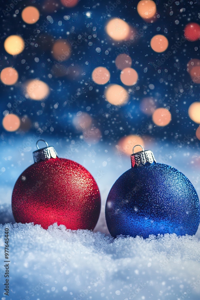 Christmas ornaments are covered in snow with a bokeh background. Toy balls red and blue. AI generated image Christmas ornaments are covered in snow with a bokeh background. Toy balls red and blue. AI generated image