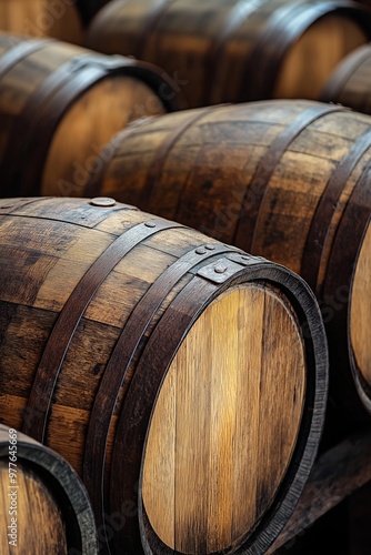 Wooden barrels are stacked, displaying a classic storage method used in wineries to age and ferment beverages.