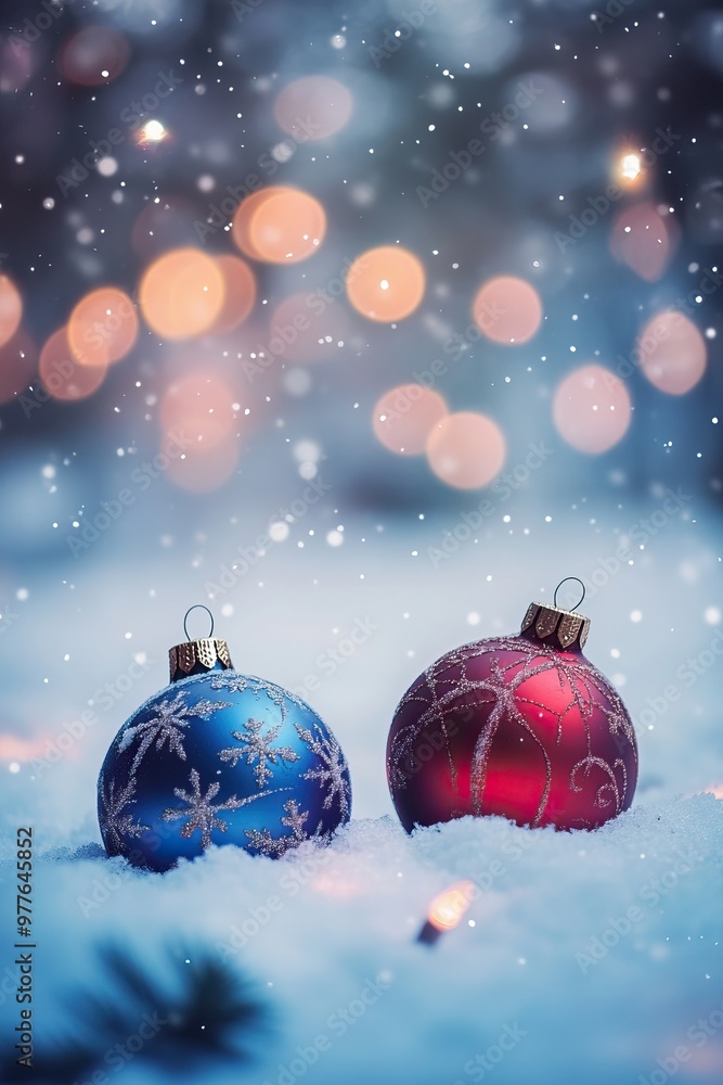 Christmas ornaments are covered in snow with a bokeh background. Toy balls red and blue. AI generated image Christmas ornaments are covered in snow with a bokeh background. Toy balls red and blue. AI generated image
