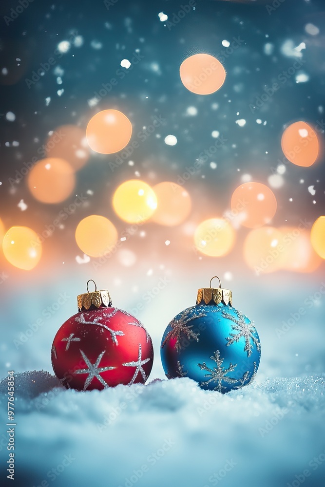 Christmas ornaments are covered in snow with a bokeh background. Toy balls red and blue. AI generated image Christmas ornaments are covered in snow with a bokeh background. Toy balls red and blue. AI generated image