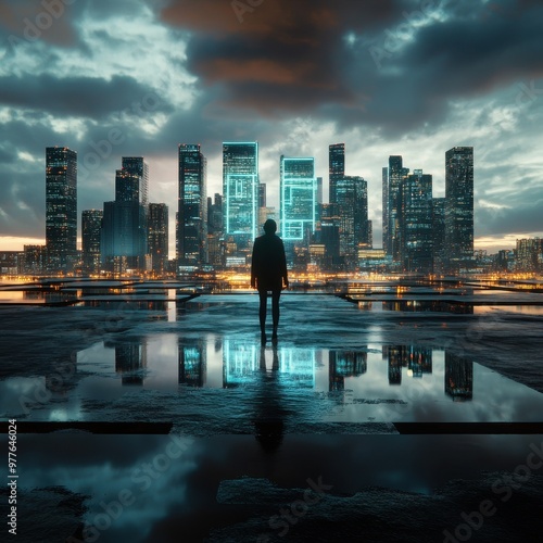 Silhouette of a Person Standing on Rooftop Overlooking Futuristic Cityscape at Dusk with Reflections on Wet Surface