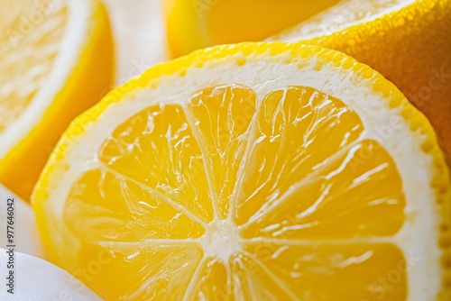 A close-up of fresh lemon slices showcasing their juicy, vibrant yellow flesh. Refreshing and invigorating to the senses.