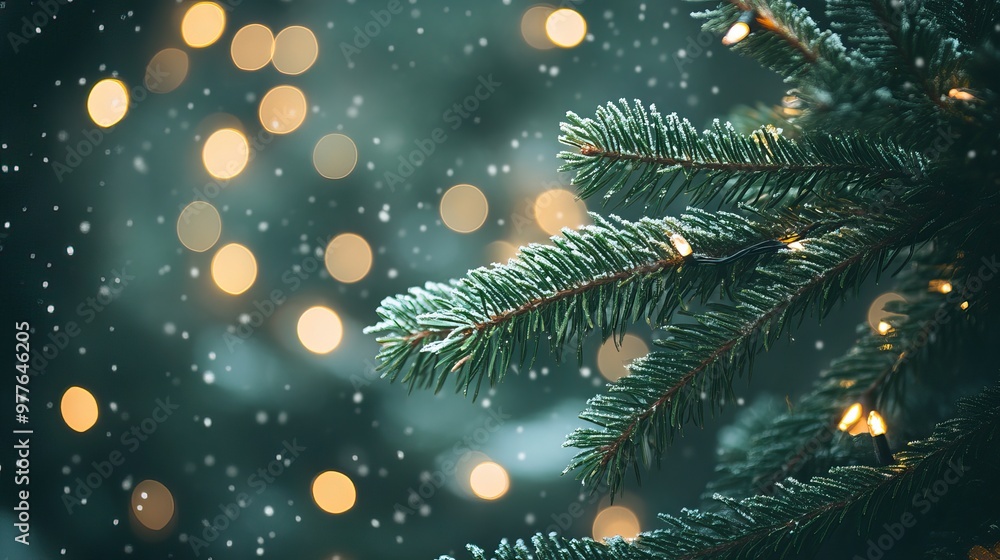 Snow-covered pine branches with glowing lights in a bokeh background. Christmas Tree. AI generated image Snow-covered pine branches with glowing lights in a bokeh background. Christmas Tree. AI generated image