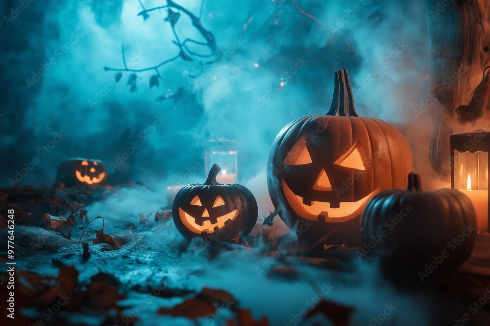 Naklejka premium Mystical and spooky setting with illuminated Halloween pumpkins, creating an eerie atmosphere with fog and blue lighting.