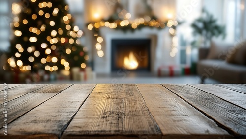 Warm Christmas interior scene with a wooden table in the foreground. AI generated image