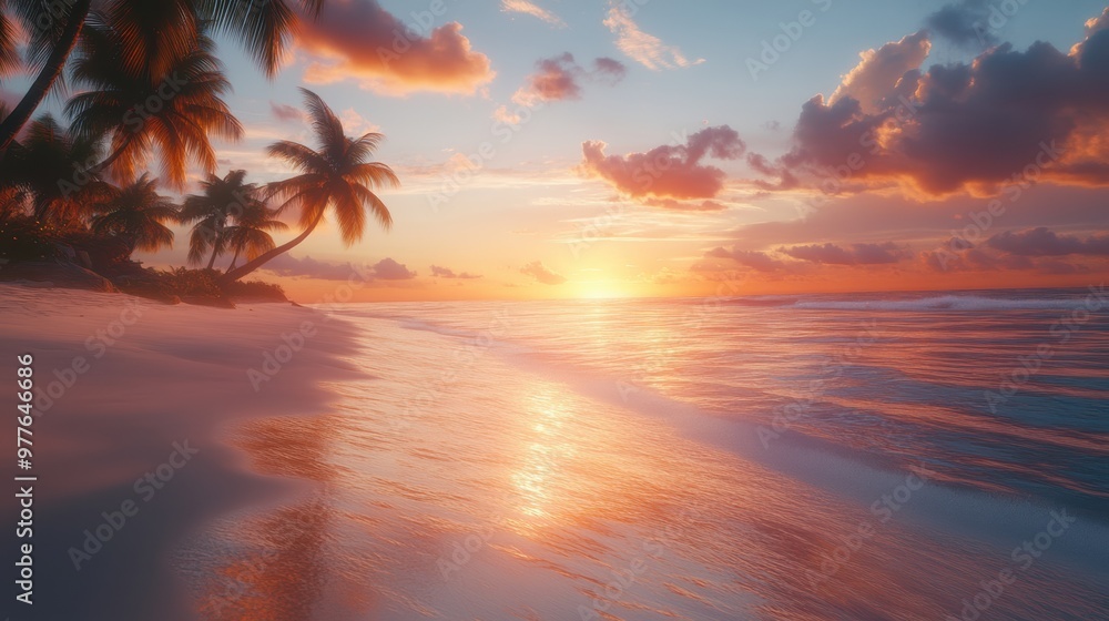 A serene beach at sunset, with vibrant colors reflecting on the water and palm trees framing the beautiful coastal view. A serene beach at sunset, with vibrant colors reflecting on the water and palm trees framing the beautiful coastal view.