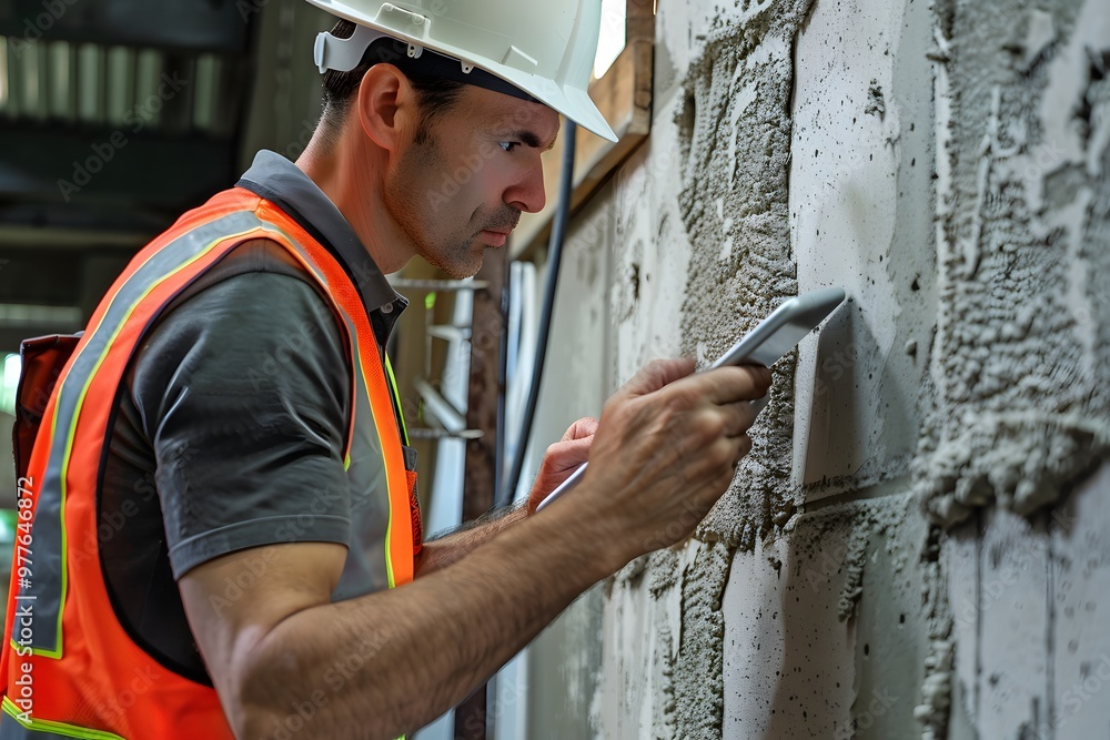 Civil engineer using touchpad during inspection at construction site. Civil engineer using touchpad during inspection at construction site.