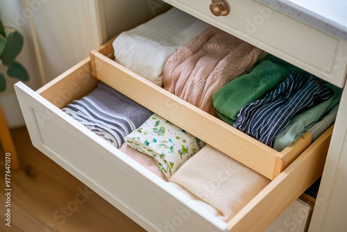 Marie Kondo tyding up method concept - before and after kids clothes drawer, copy space. photo