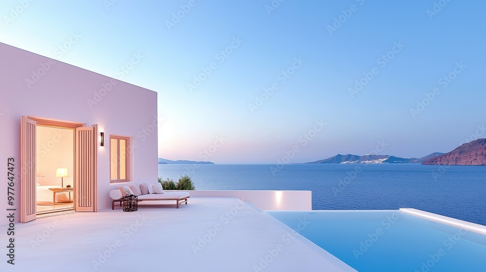 Fototapeta premium Serene Santorini Sanctuary: Luxurious Whitewashed Villas by the Sparkling Sea