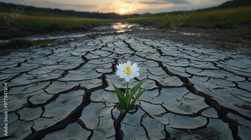 A driedup riverbed with a single flower blooming in the center, symbolizing emotional thirst and the small moments of hope photo