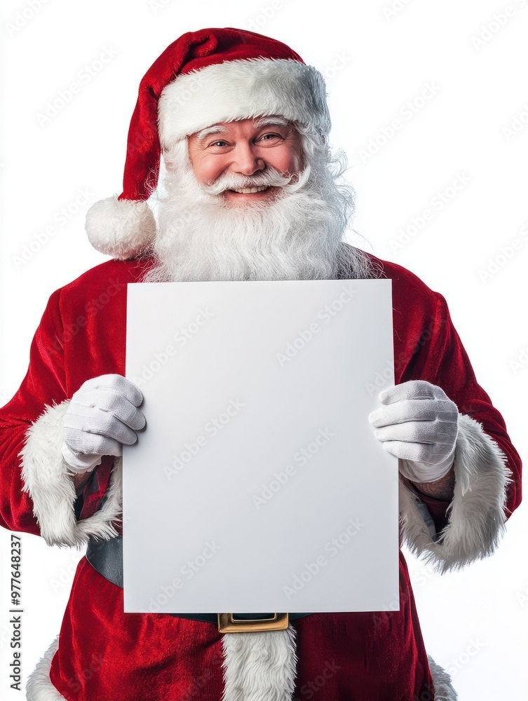 smiling santa claus holding a blank poster, blank advertising banner background with copy space smiling santa claus holding a blank poster, blank advertising banner background with copy space