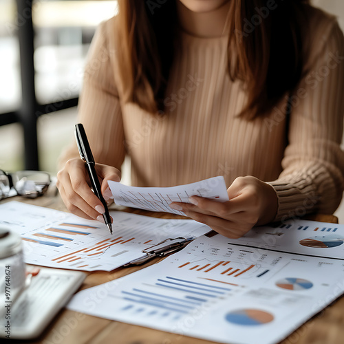 A businesswoman analyzes charts and data reports at a desk, focused on decision-making and financial planning.