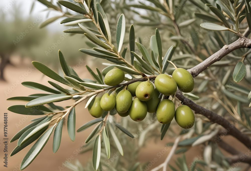 Green olives growing on a branch with silver-green leaves, captured in natural light, showcasing the texture and freshness.
Green olives growing on a branch with silver-green leaves, captured in natural light, showcasing the texture and freshness.