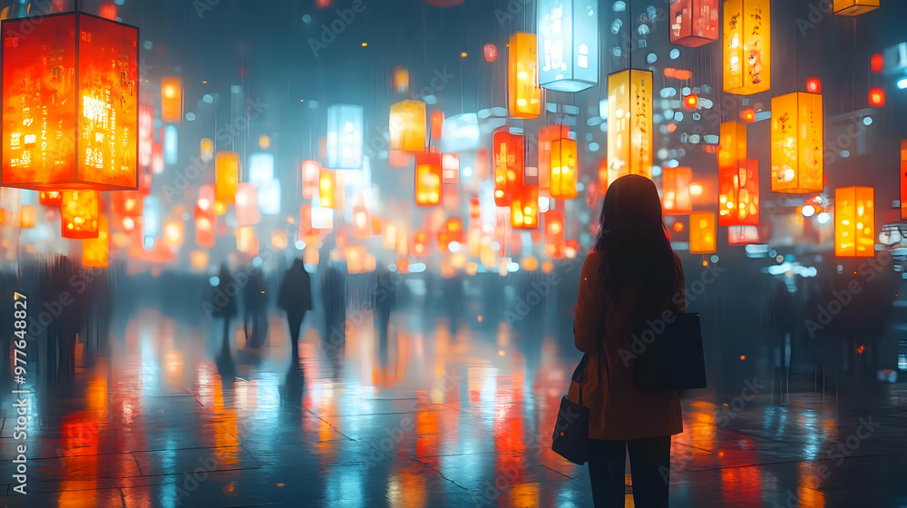Rainy Night Cityscape with Illuminated Lanterns Illustration Rainy Night Cityscape with Illuminated Lanterns Illustration
