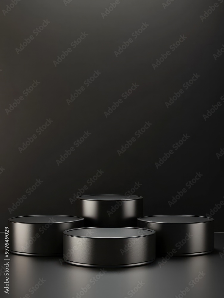 Three black podiums on a dark background for various products Three black podiums on a dark background for various products