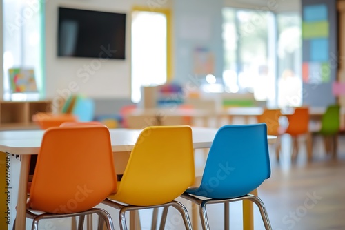 Colorful empty chairs sitting in a modern school classroom