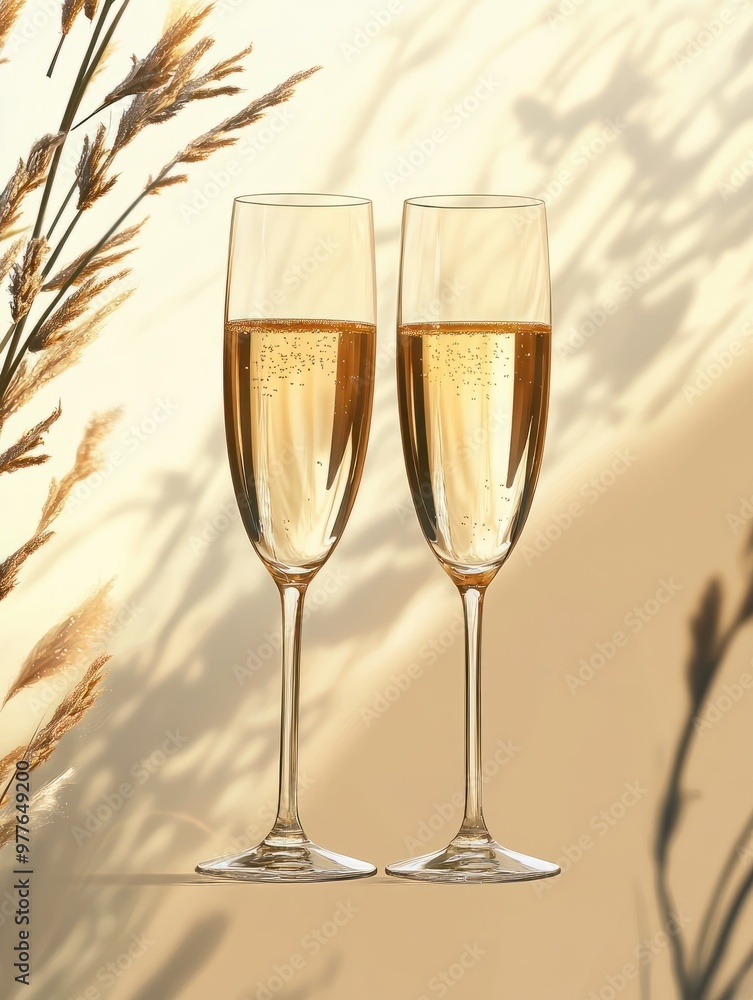 Fototapeta premium Two golden champagne flutes grasses on a new year eve background