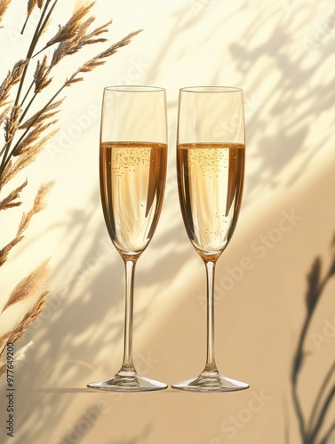 Two golden champagne flutes grasses on a new year eve background