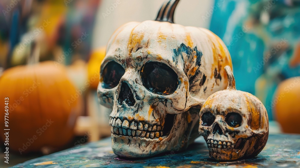 A spooky Halloween art class where participants paint pumpkins and skulls under the guidance of a creative instructor, with a mix of eerie and vibrant colors filling the room A spooky Halloween art class where participants paint pumpkins and skulls under the guidance of a creative instructor, with a mix of eerie and vibrant colors filling the room