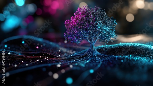 Enchanting Digital Tree with Neon Lights and Abstract Background in a Futuristic Landscape photo