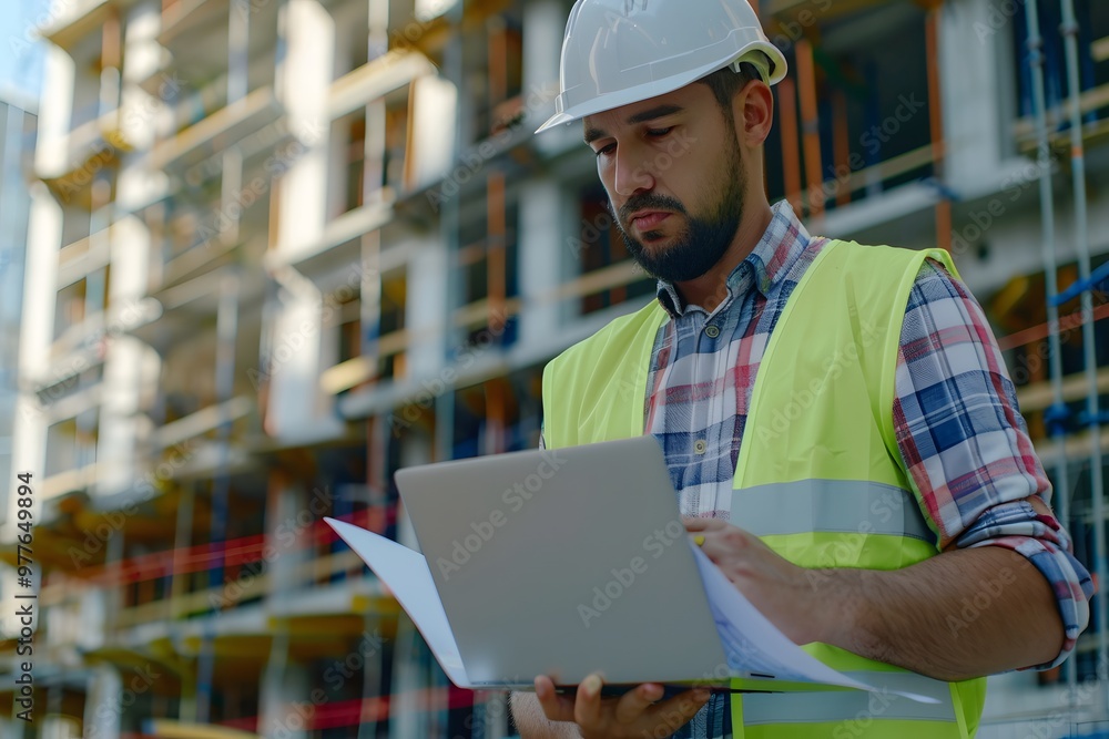Construction worker writing blueprints while using laptop at renovating home Construction worker writing blueprints while using laptop at renovating home