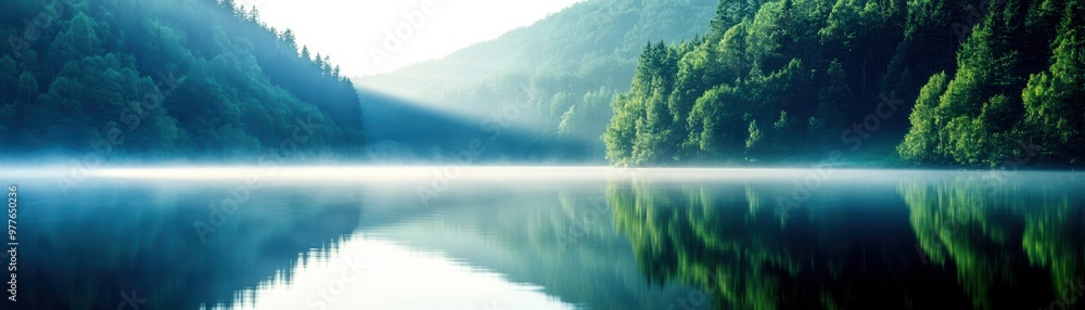 A serene landscape featuring a tranquil lake surrounded by lush green hills and soft morning mist reflecting the gentle light. A serene landscape featuring a tranquil lake surrounded by lush green hills and soft morning mist reflecting the gentle light.