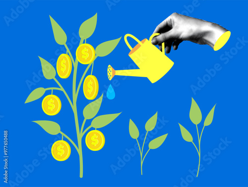 Modern collage with halftone hand waters a money tree. Coins grow on trees. Concept of saving money, investments, deposits. Financial and economic growth. Business success