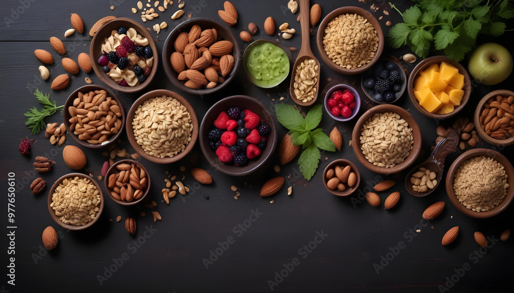 An assortment of healthy ingredients including nuts, berries, grains, and fresh fruits arranged on a dark background, ideal for nutritious recipes.
An assortment of healthy ingredients including nuts, berries, grains, and fresh fruits arranged on a dark background, ideal for nutritious recipes.